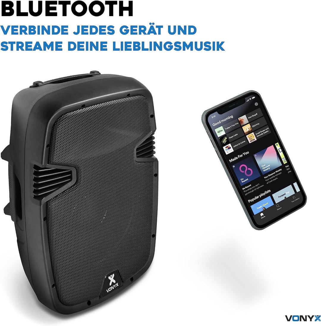 VONYX SPJ-1200ABT PA Anlage, Akitvlautsprecher, 600 Watt Musikbox Bluetooth 12 Zoll High End Speaker