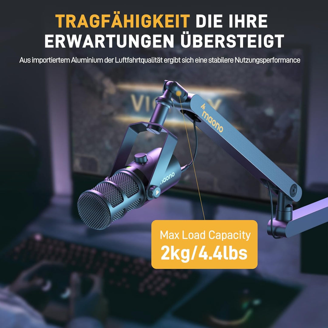 MAONO Mikrofon Arm – Low Profile Mic Arm mit Kabelkanälen für aufgeräumten Arbeitsplatz. Mit Tischkl
