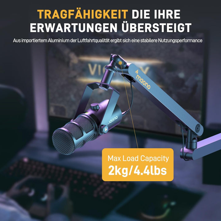 MAONO Mikrofon Arm – Low Profile Mic Arm mit Kabelkanälen für aufgeräumten Arbeitsplatz. Mit Tischkl