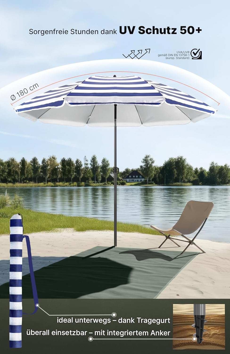 4smile Sonnenschirm Strand SunnyJoy, Blau-Weiss - UPF 50+ Strandschirm Ø 180 cm, sicherer Sonnenschu