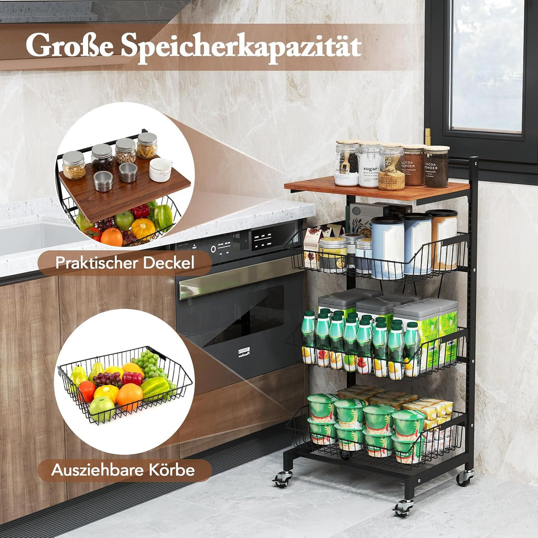 COSTWAY Servierwagen mit Rollen, Gemüseregal mit ausziehbaren Körben &amp; Holzplatte, höhenverstellbar,