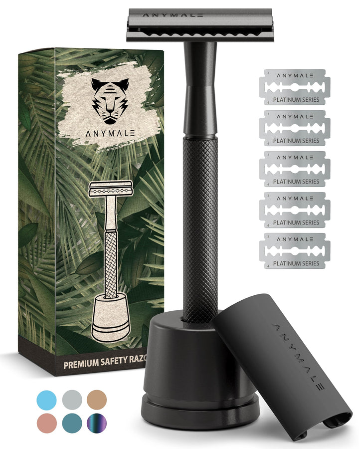 ANYMALE® Rasierhobel Black Edition - Set mit Ständer und 5 ASTRA Klingen - Zero Waste Rasierer für D