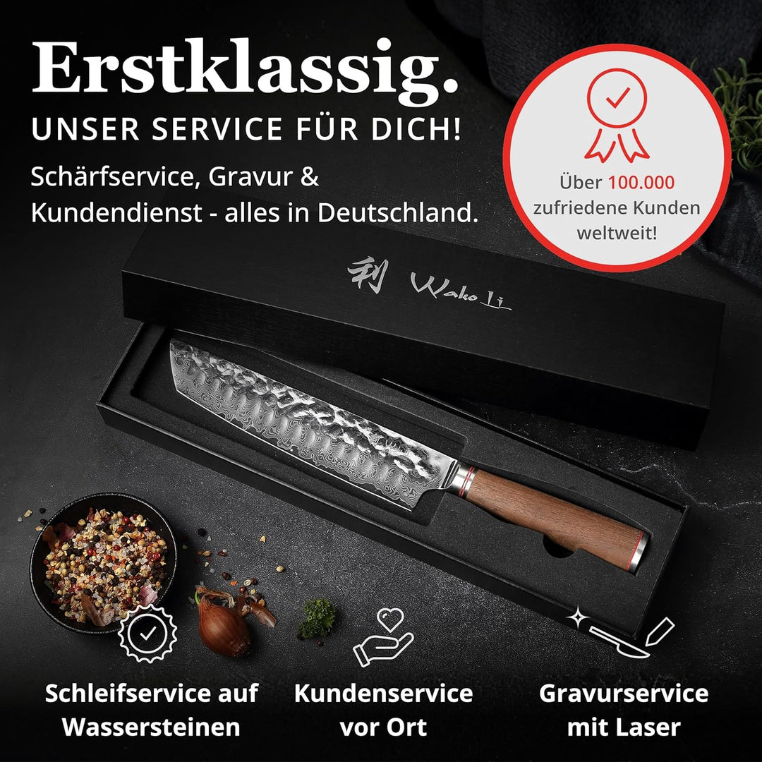 Wakoli Nussbaum Chefmesser Tanto, 20 cm Klinge aus 67 Lagen Damaststahl mit VG10 Kern, V Schliff 15°