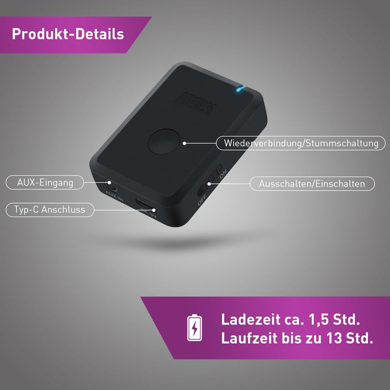 August MR250B - Bluetooth Audio aptX Low Latency Transmitter mit Akku - Audio Sender mit aptX LL für