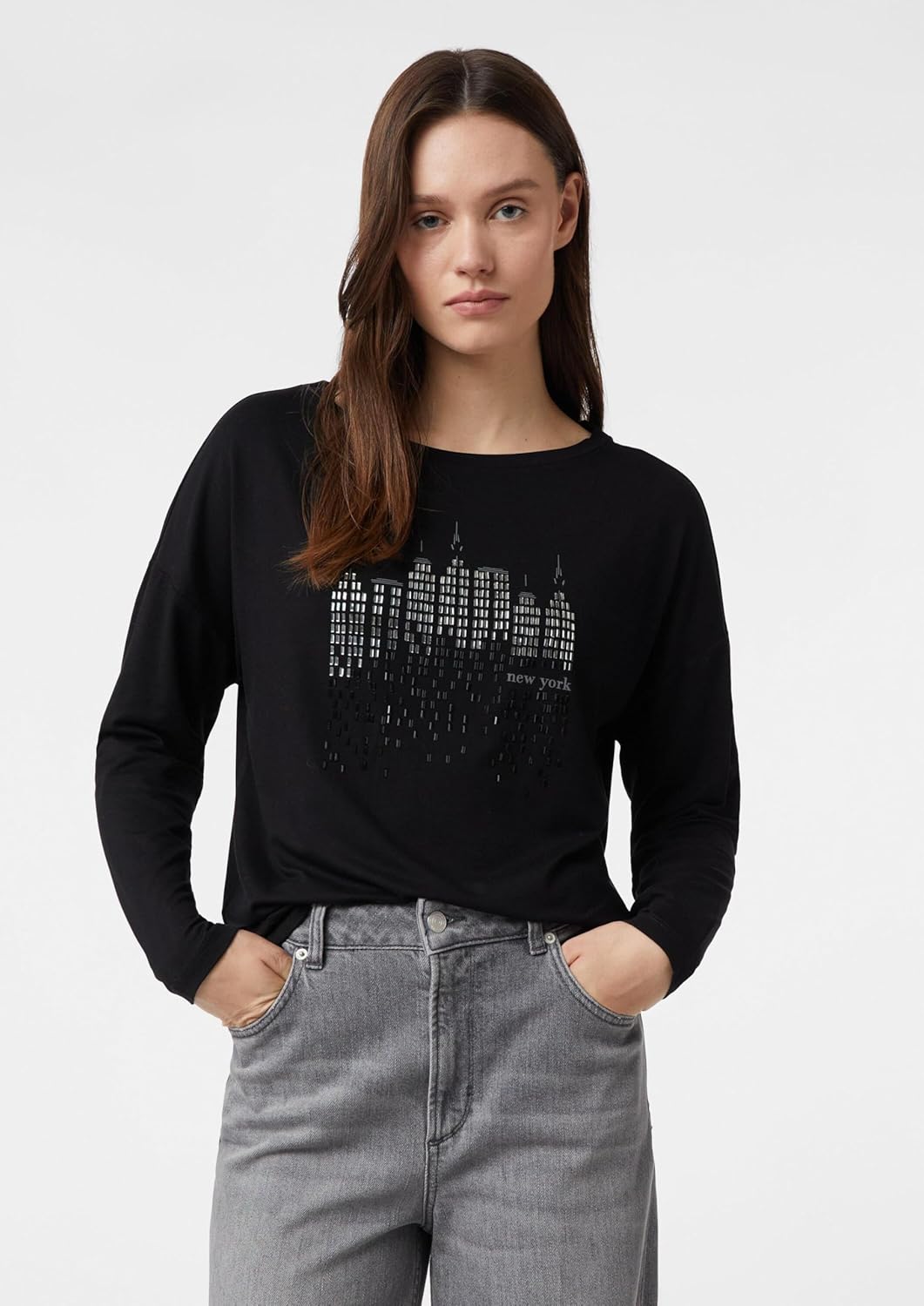 Comma Langarmshirt mit Frontprint und Strassdetails 46 99l0_schwarz, 46 99l0_schwarz