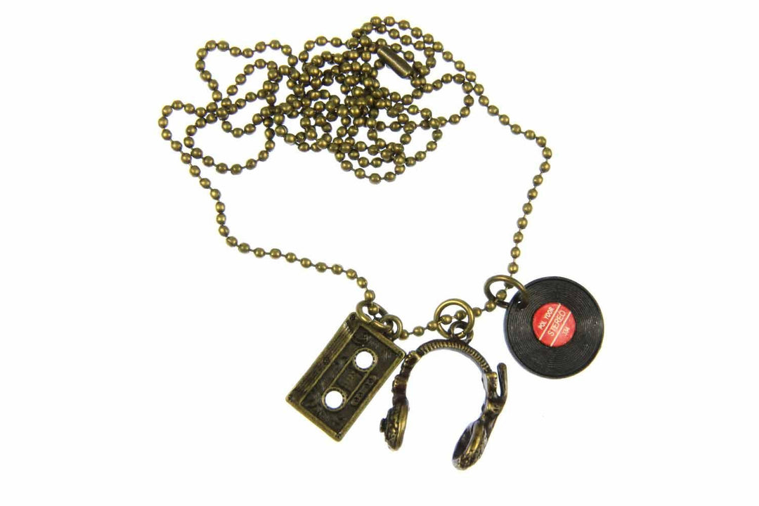 Miniblings 3er Set DJ Musiker Kette Halskette 80cm Kopfhörer LP Tape Bronze - Handmade Modeschmuck -