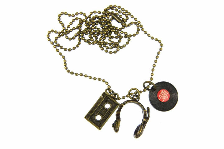 Miniblings 3er Set DJ Musiker Kette Halskette 80cm Kopfhörer LP Tape Bronze - Handmade Modeschmuck -