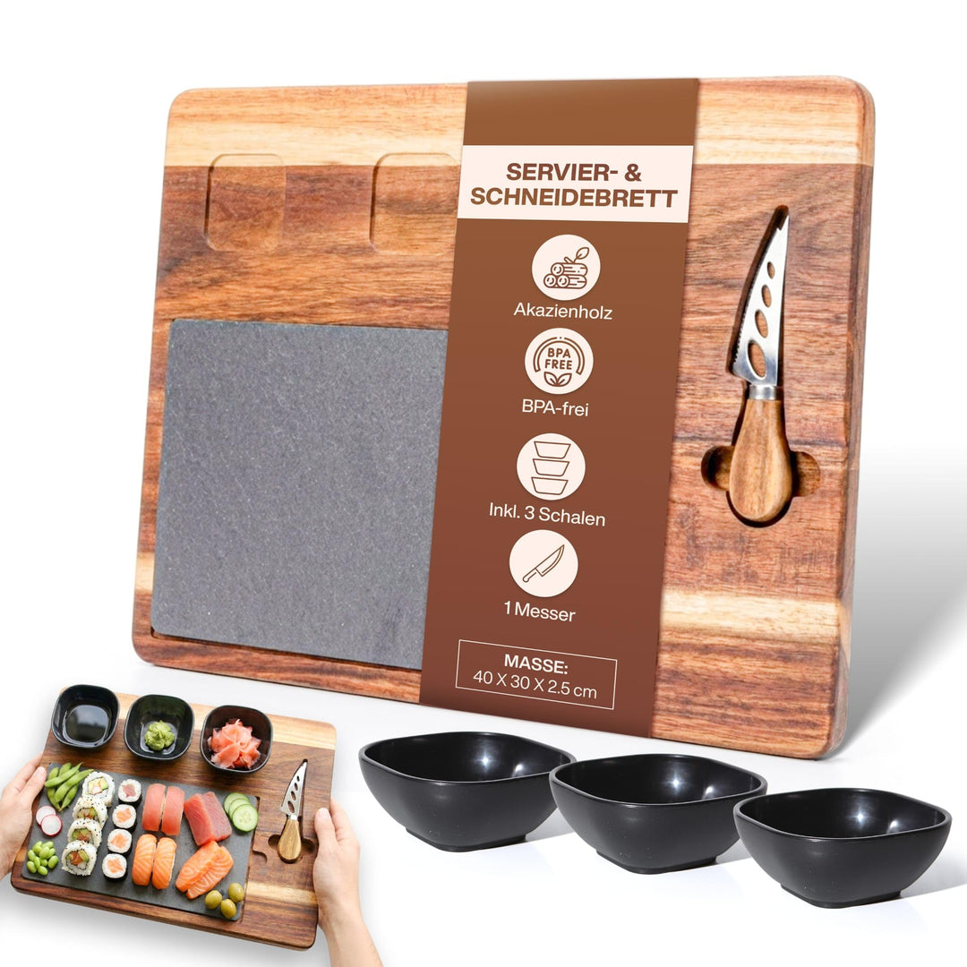 Servierbrett Set aus Holz mit Schieferplatte – Käseplatte & Antipasti Platte inkl. Käsemesser und 3
