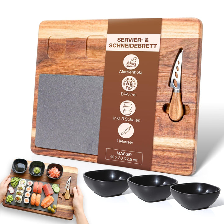 Servierbrett Set aus Holz mit Schieferplatte – Käseplatte & Antipasti Platte inkl. Käsemesser und 3
