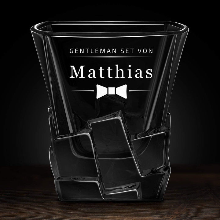 Maverton Whisky Steine Set - in Holzbox mit Gravur - 8 Eiswürfel + 2 Whisky Gläser + Zange + Samtbeu