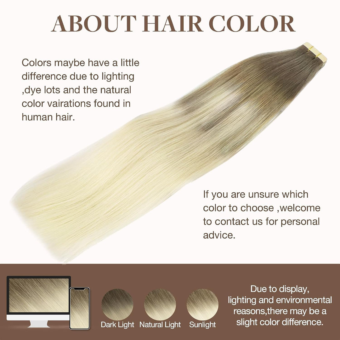 GOO GOO Tape in Exitensions Echthaar, Ombre Ash Brown bis Platinum Blonde 20pcs 50g 45cm, Remy Tape