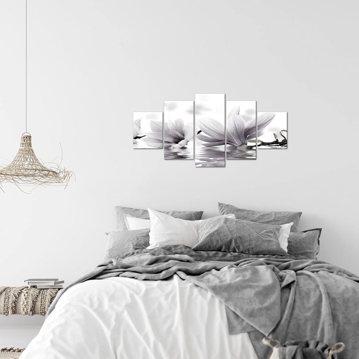 Runa Art Wandbilder Blumen Magnolien 5 Teilig Bild auf Vlies Leinwand Deko Wohnzimmer Spa Schwarz We