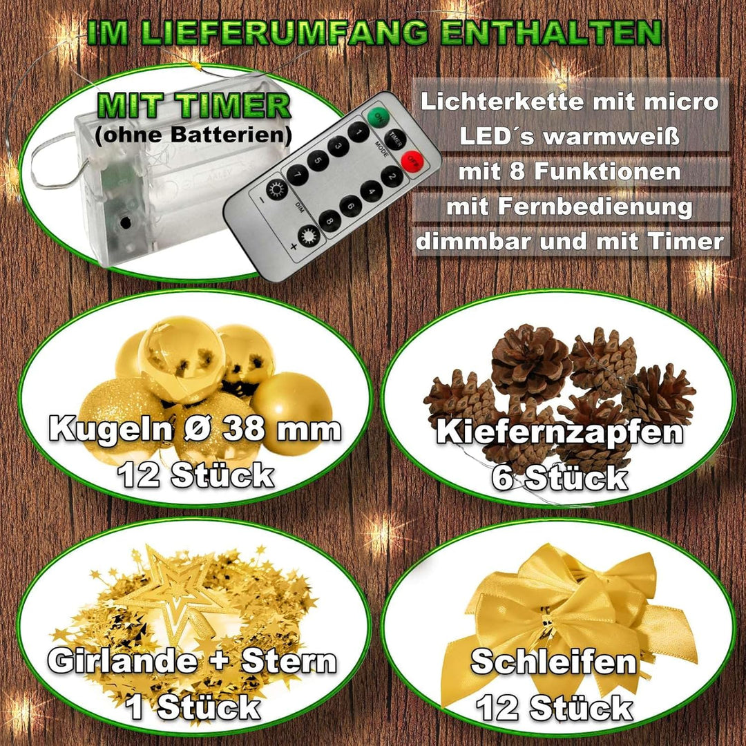 Weihnachtsbaum künstlich (WBD) 60 cm grün mit Weihnachtsdeko Gold und Led Lichterkette mit Batterieb