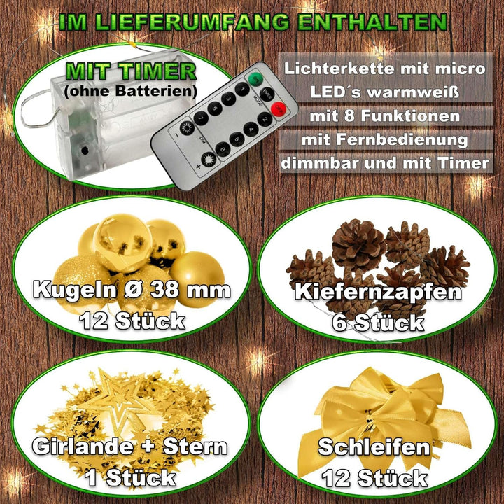 Weihnachtsbaum künstlich (WBD) 60 cm grün mit Weihnachtsdeko Gold und Led Lichterkette mit Batterieb