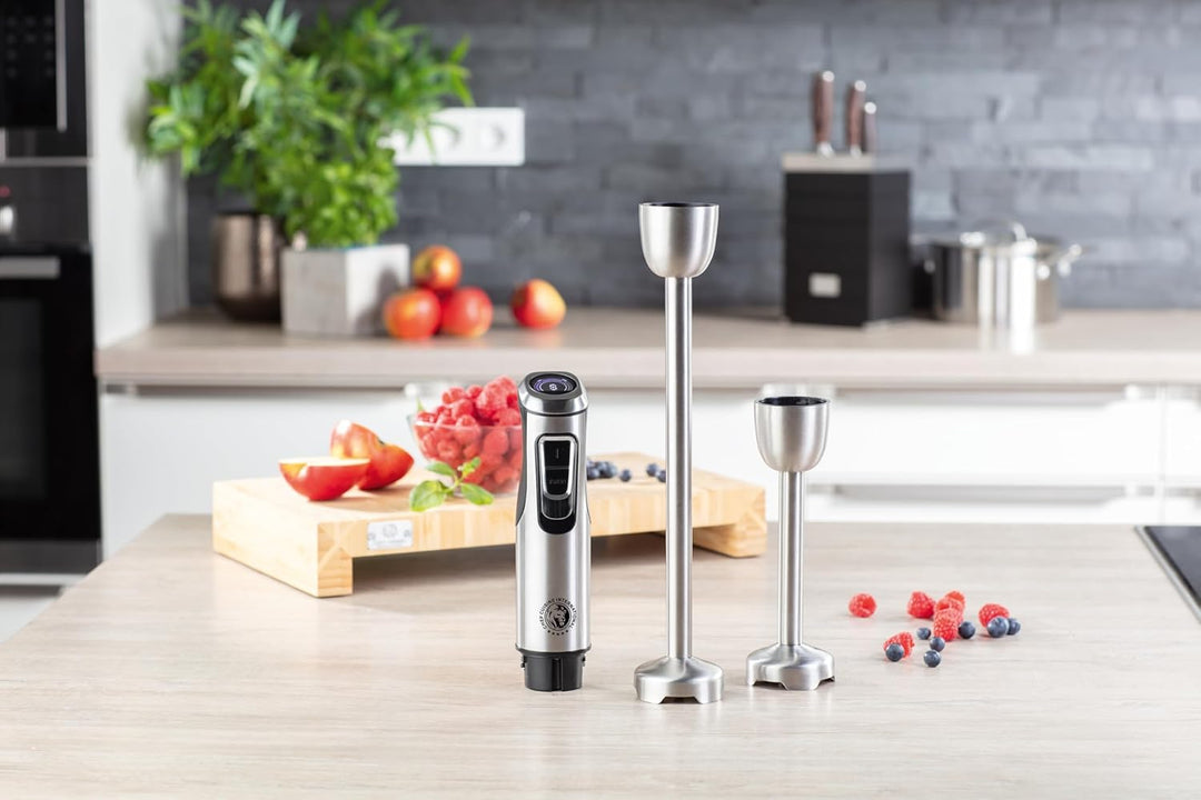 CHEF CUISINE Akku-Stabmixer, Edelstahl, 180W, 23.000 U/min, 9 Geschwindigkeitsstufen, 2x Pürierstäbe