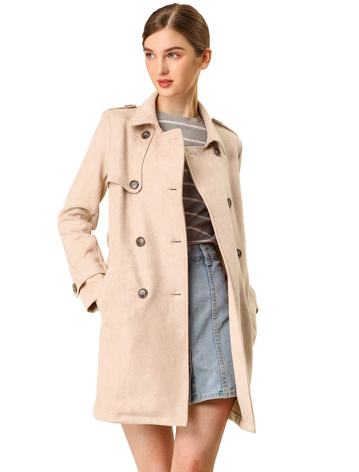 Allegra K Damen Trenchcoat Langarm Zweireiher Faux Wildleder Mantel Wintermantel M aprikose, M aprik
