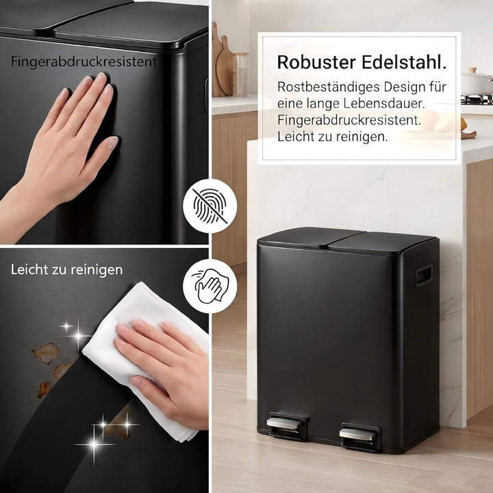 Mülleimer Küche 2 x 24L(48L), Edelstahl Treteimer mit Deckel, Mülltrennsystem 2 Fächer, Abfalleimer