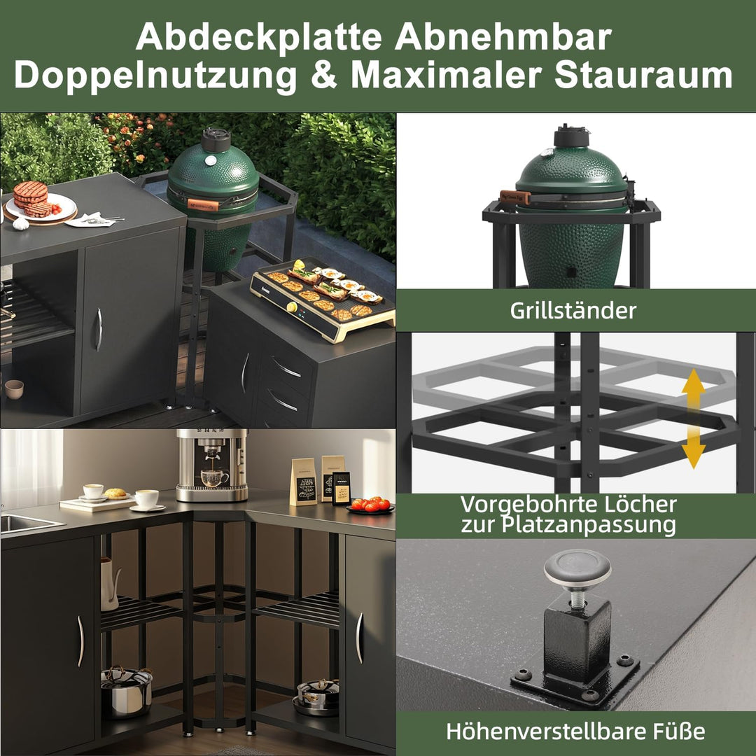 Eck-Tisch für Aussenküchen, Vielseitig Tisch mit Höhenverstellbares Regal, Küche Arbeitstisch mit Ve