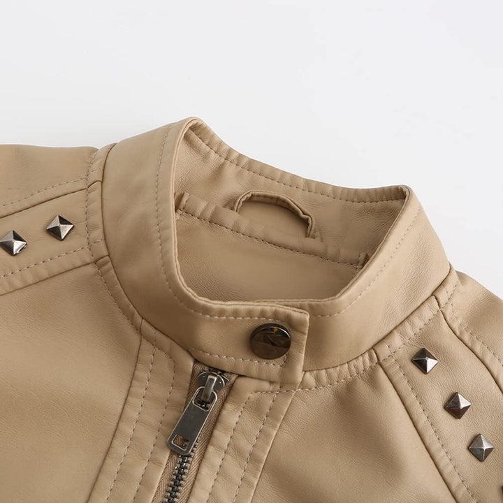 YYNUDA Damen Lederjacke Kurz Bikerjacke Stehkragen Reissverschluss Leder Jacke Übergangsjacke für He