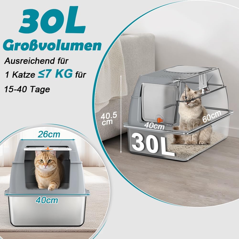 Katzenklo Edelstahl XL, Gross Edelstahl Katzentoilette mit Deckel, Stainless Steel Cat Litter Box, G