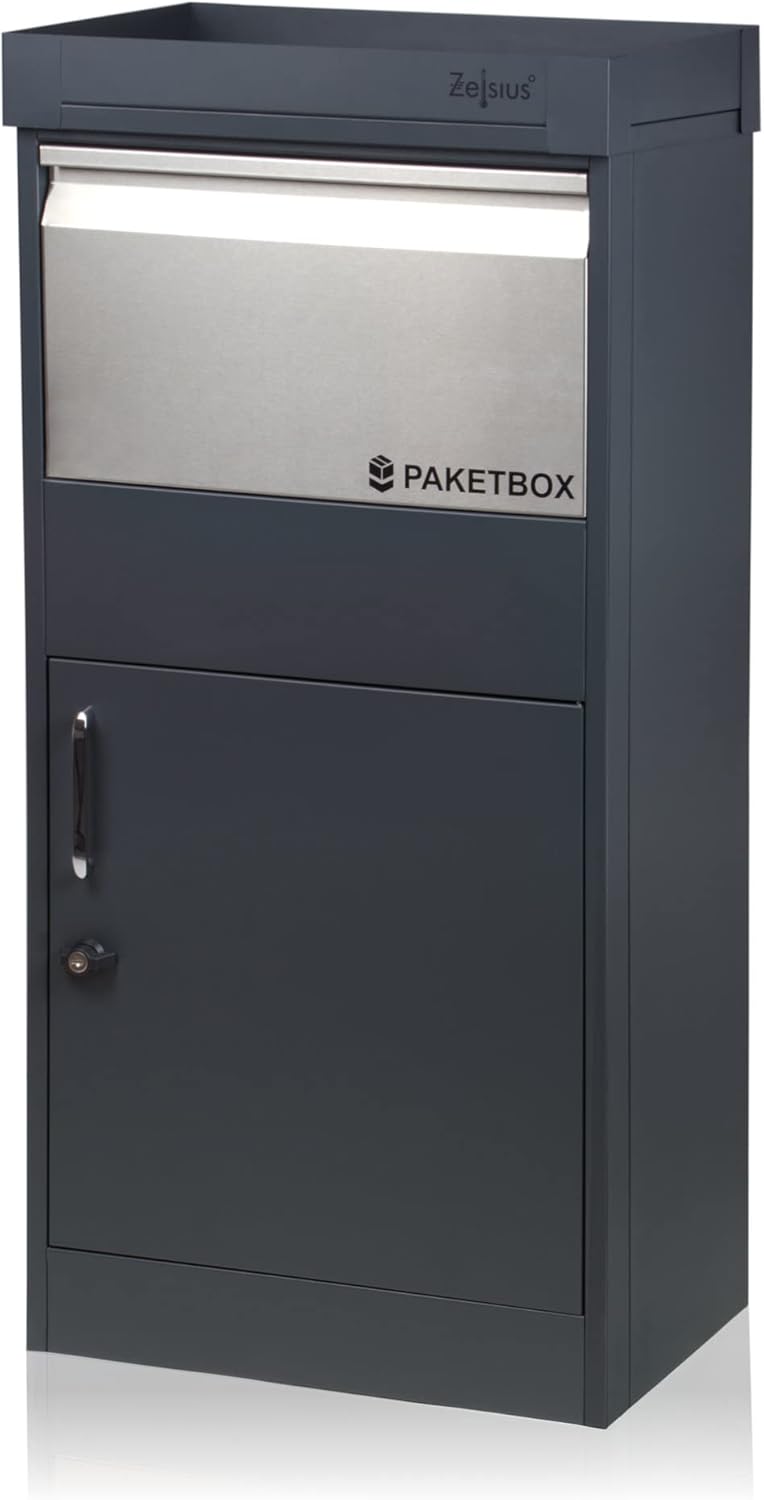 Zelsius Briefkasten mit Paketfach Pluto | pulverbeschichteter Stahl mit Edelstahl Elementen | RAL701