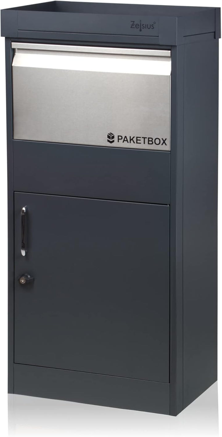 Zelsius Briefkasten mit Paketfach Pluto | pulverbeschichteter Stahl mit Edelstahl Elementen | RAL701