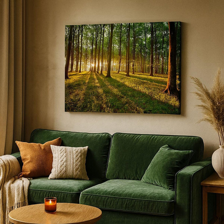 Bilder auf Leinwand 100x70cm Leinwandbild Wald grün Sonnenstrahlen Natur Gross Wanddeko Bild Schlafz