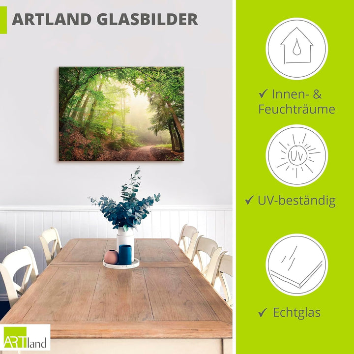 Glasbilder Wandbild Glas Bild einteilig 80x60 cm Querformat Wald Baum Natur Landschaft Nebel Sonne S