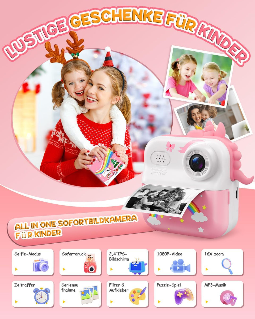 Sofortbildkamera Kinder, 48MP Kinderkamera 1080P HD 2,4 Zoll Bildschirm Digitalkamera mit 32GB Karte