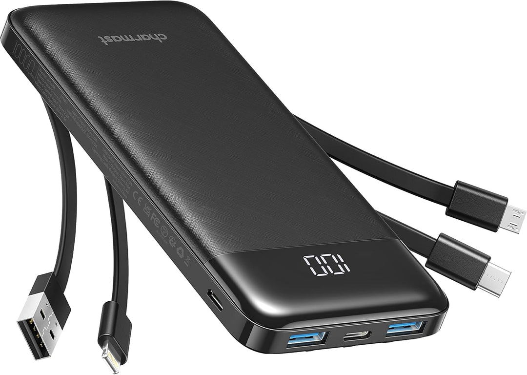 Charmast Powerbank 10000mAh Externer Akku USB C Power Bank mit 4 integriertes Ladekabel Tragbares La