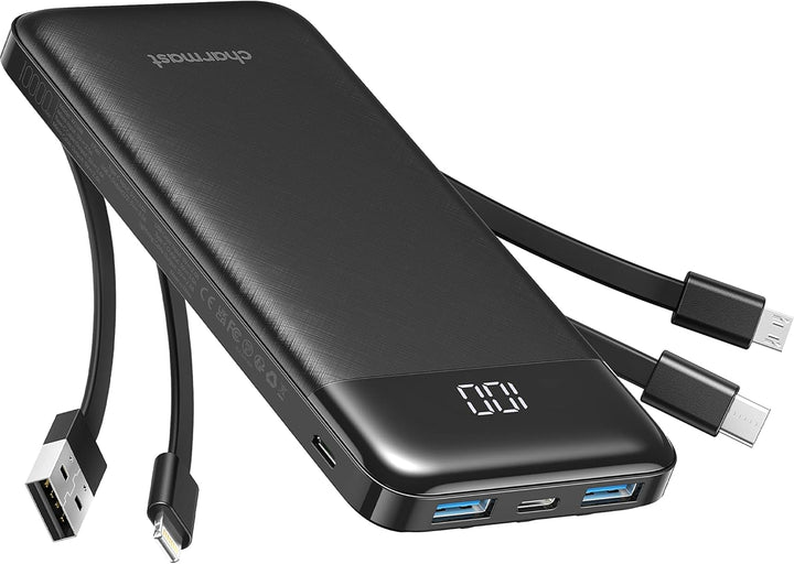 Charmast Powerbank 10000mAh Externer Akku USB C Power Bank mit 4 integriertes Ladekabel Tragbares La