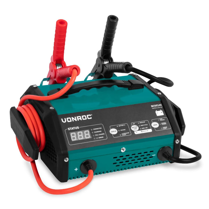 VONROC Batterieladegerät mit Starthilfe - Max. 15A - Für 6V oder 12V Blei-Säure-Batterien