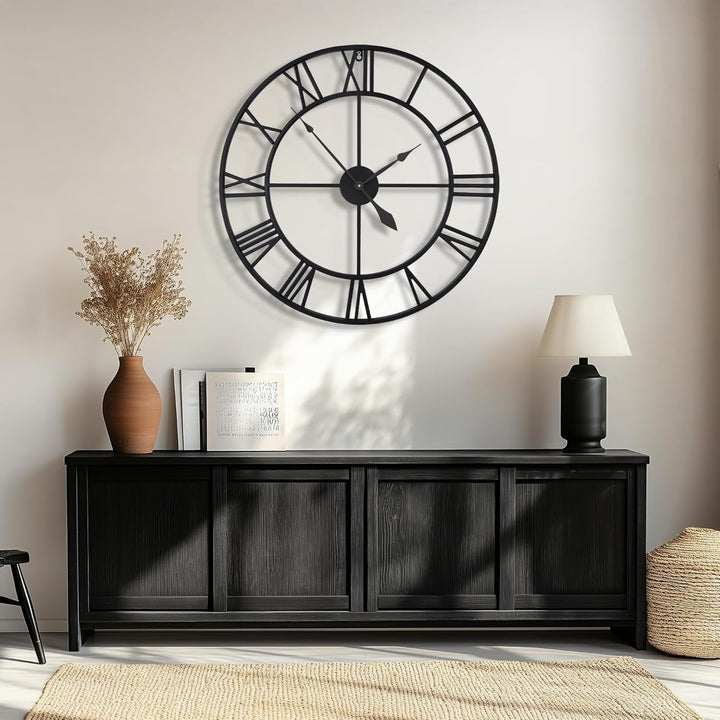 HAITANG 80cm grosse Wanduhr, übergross modernes rundes, schwarz Metall geräuschlos, Fast Nicht ticke