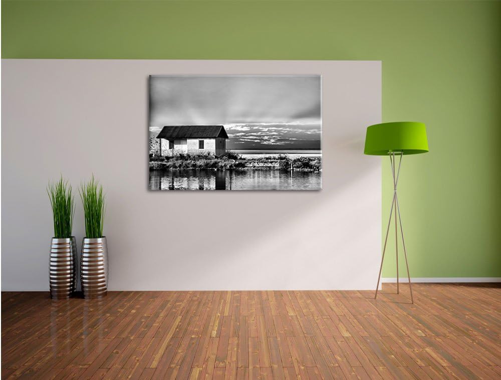 Pixxprint Haus am See bei Sonnenuntergang als Leinwandbild/Grösse: 100x70 cm/Wandbild/Kunstdruck/fer