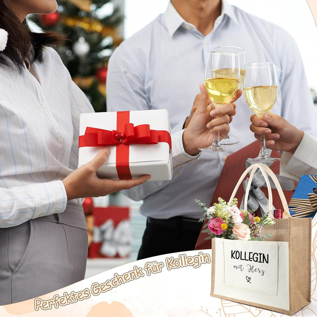 Jutetasche Kollege Geschenk Jute Shopper Bag, Jute Einkaufstasche mit Kollegin Herz, Jutebeutel als