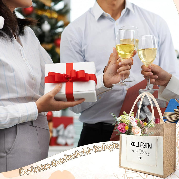 Jutetasche Kollege Geschenk Jute Shopper Bag, Jute Einkaufstasche mit Kollegin Herz, Jutebeutel als