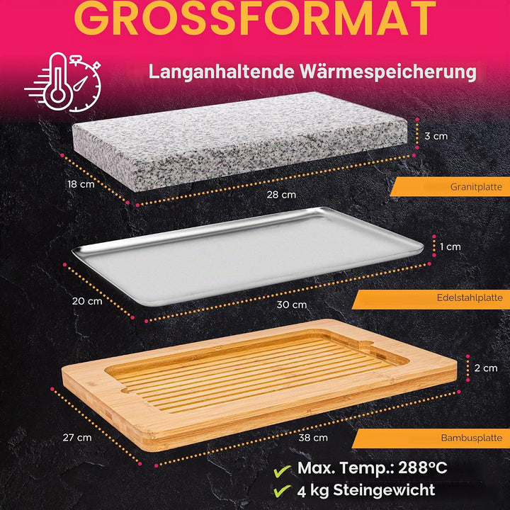 NutriChef Granitstein Grillplatte 38x27cm – Teppanyaki Tischgrill mit Bambusplatte, Antihaft, 290°C,