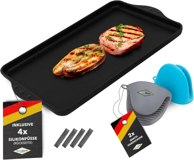 MaxxGoods - Aluminiumguss Grillplatte komplett glatt - 43x28x2,5cm - für Induktion & alle gängigen H