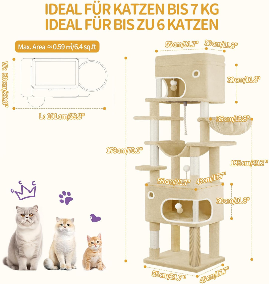 Hzuaneri Kratzbaum, 178 cm Katzenbaum mit grosser Plattform, 2 Höhlen, 7 Kratzsäulen, Pompons, Liege