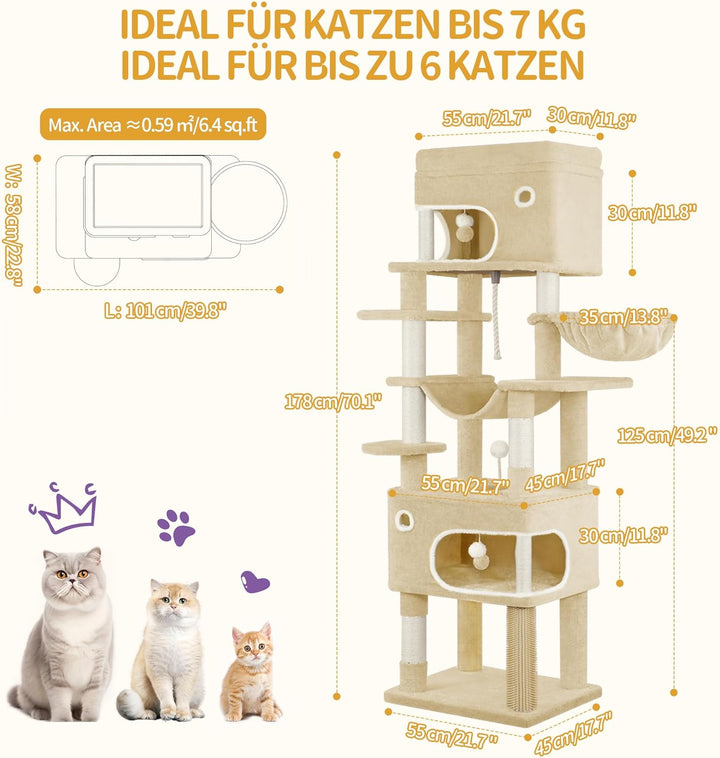 Hzuaneri Kratzbaum, 178 cm Katzenbaum mit grosser Plattform, 2 Höhlen, 7 Kratzsäulen, Pompons, Liege