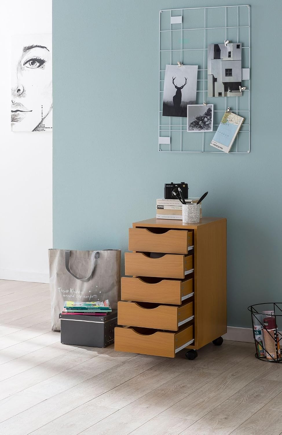 FineBuy Kinder Rollcontainer 33 x 64 x 38 cm Holz 5 Schubladen | Moderner Schubladencontainer mit Ro