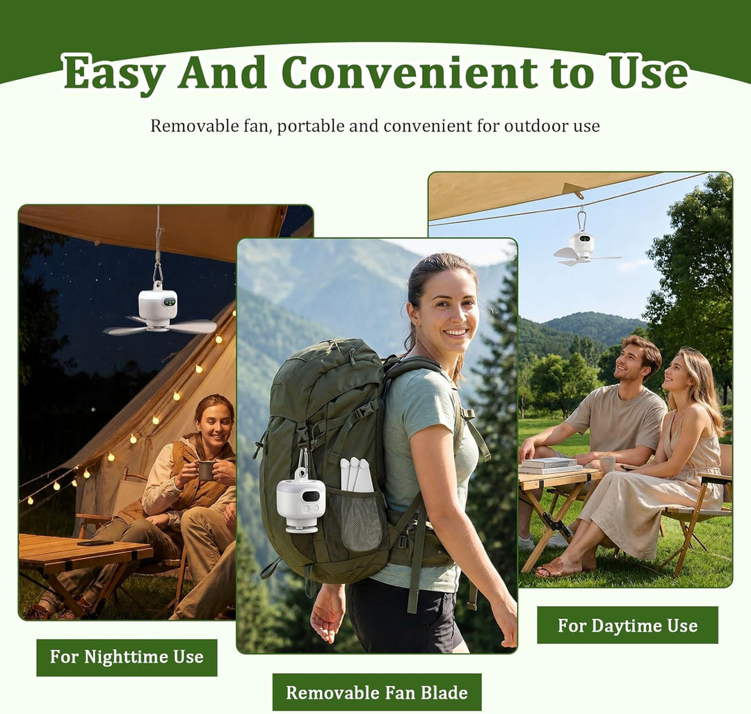 Mini Deckenventilator mit Beleuchtung und Fernbedienung für Camping | Wiederaufladbar 8000mAh Campin