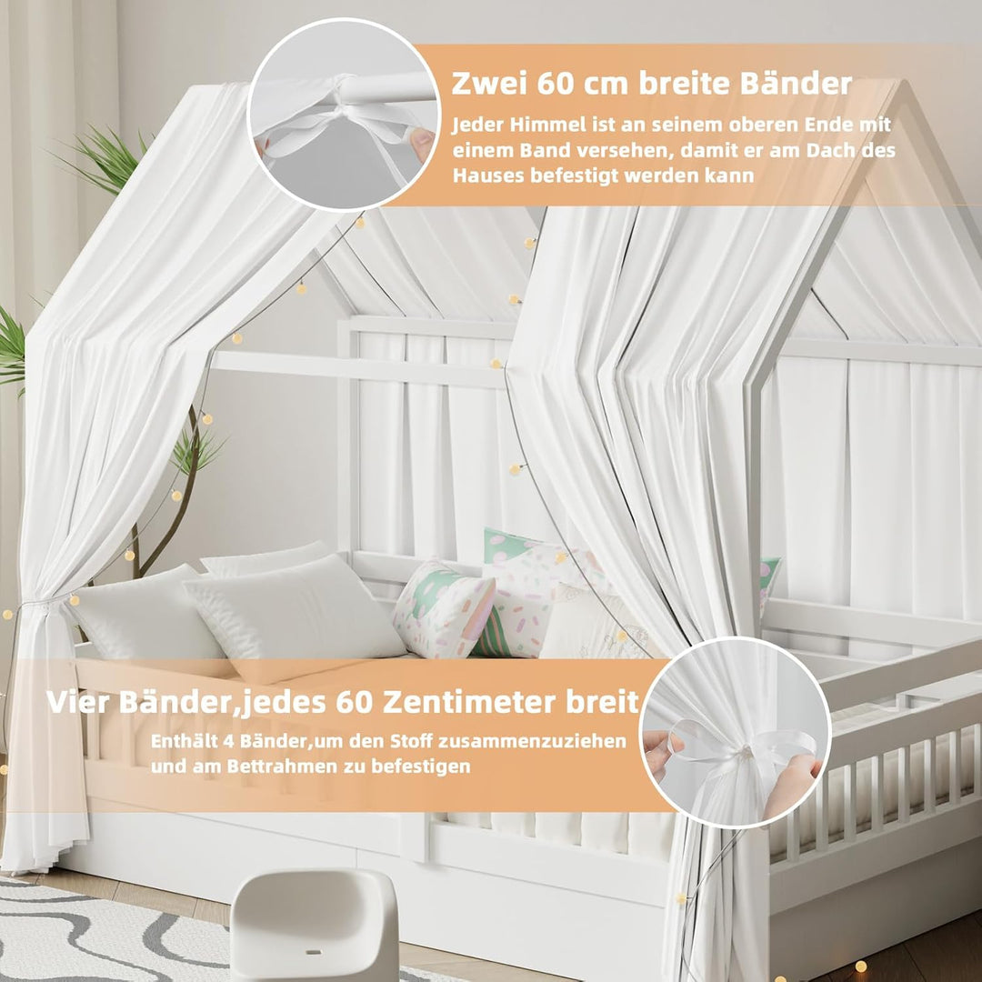 Hausbett Himmel mit Lichterkette 2 Stück Deko Baldachin Hausbett Vorhang,Betthimmel Musselin Stoffhi