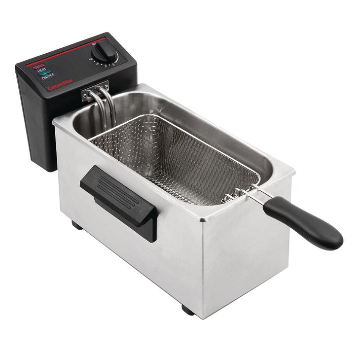 Caterlite 2kW-Edelstahl-Einzelbehälter-Elektrofritteuse 3,5 Liter, inkl. Deckel, Temperaturbereich 1
