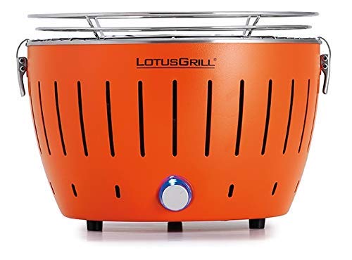 LotusGrill S Small Kompakt Mandarinenorange der raucharme Holzkohle-/Tischgrill Stromversorgung via