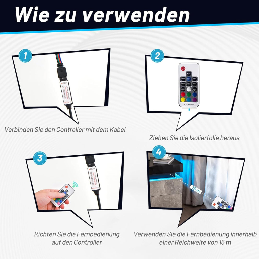 COSTWAY Nachttisch LED, Nachtschrank mit 2 Schubladen, Nachtkommode dynamisch & statisch beleuchtet,