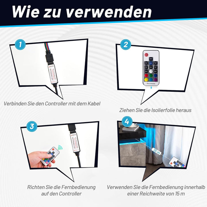 COSTWAY Nachttisch LED, Nachtschrank mit 2 Schubladen, Nachtkommode dynamisch & statisch beleuchtet,