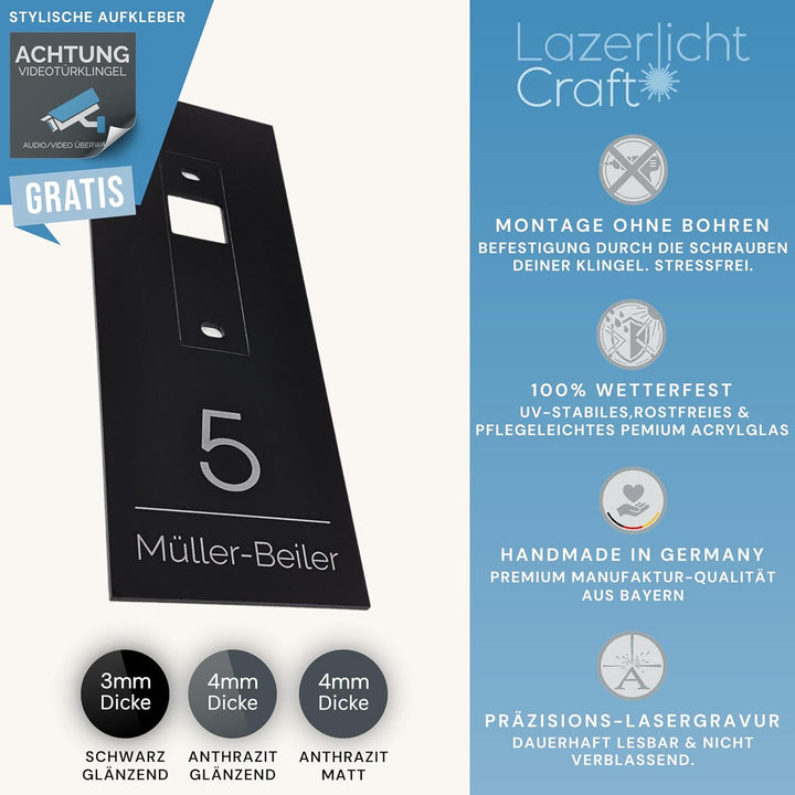 Klingelschild für Eufy Video Türklingel C30 & C31 | Schwarz oder Anthrazit | Hausnummer, Hausnummer