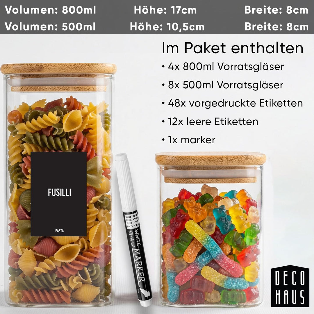 Deco haus® Vorratsgläser mit Deckel eckig 12er Set [+ETIKETTEN] - Vorratsdosen Glas mit Deckel luftd