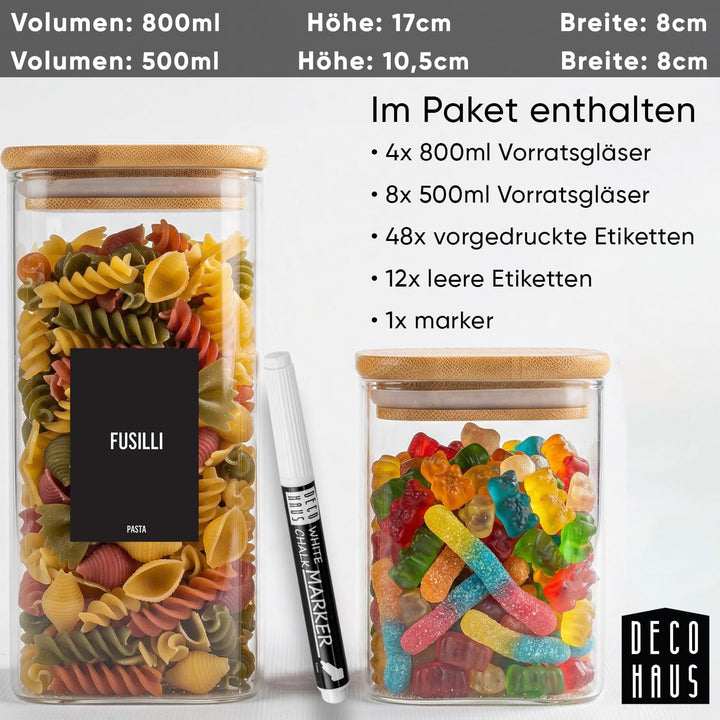 Deco haus® Vorratsgläser mit Deckel eckig 12er Set [+ETIKETTEN] - Vorratsdosen Glas mit Deckel luftd